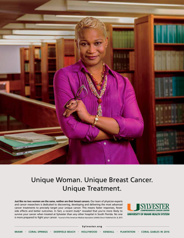 portrait of female afro-cuban professor in library advertising photography for sylvester cancer center