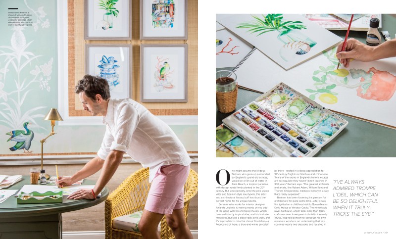 magazine spread portrait photography of artist aldous bertram with water-color painting