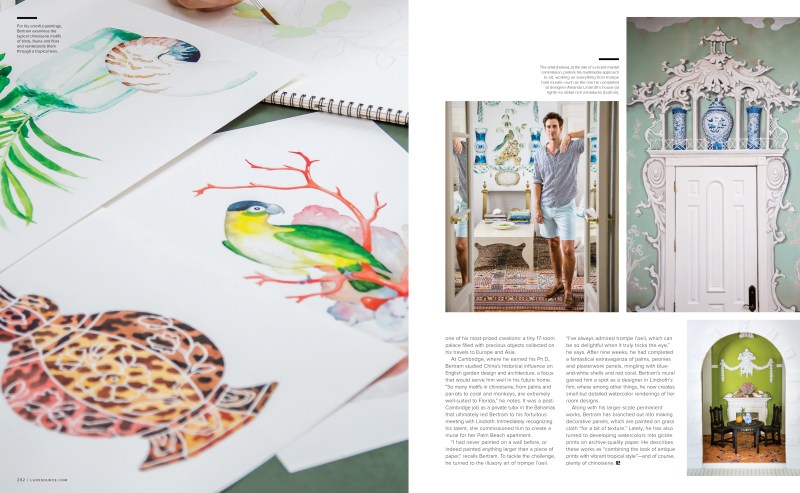 magazine spread of watercolor painting, mural and portrait of aldous bertram