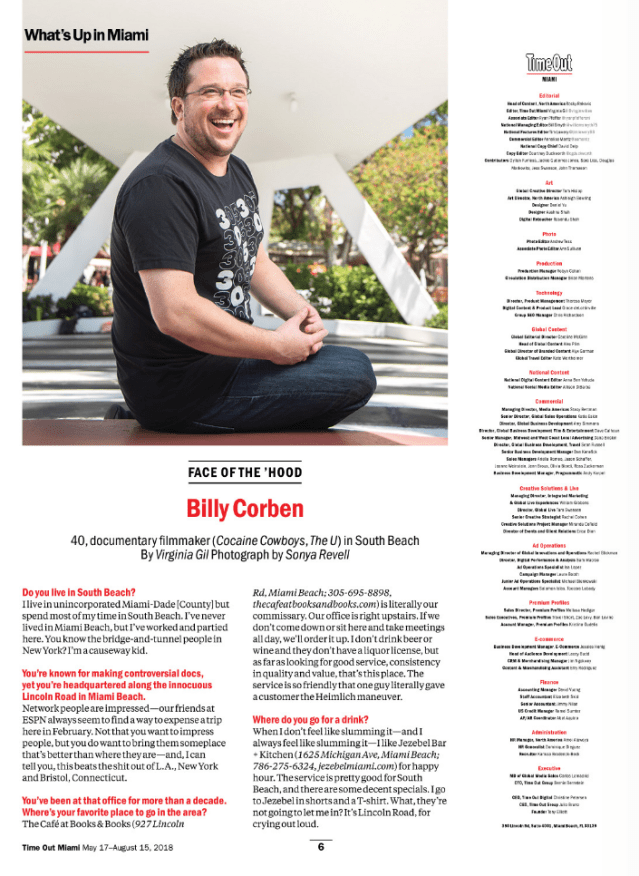 Time Out Miami article featuring a portrait of Billy Corben, seated in front of white mid-century architecture