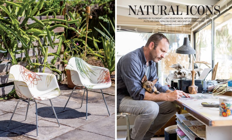portrait of artist, Phillip Estlund and his mid-century decoupaged chairs, photographed for Luxe magazine