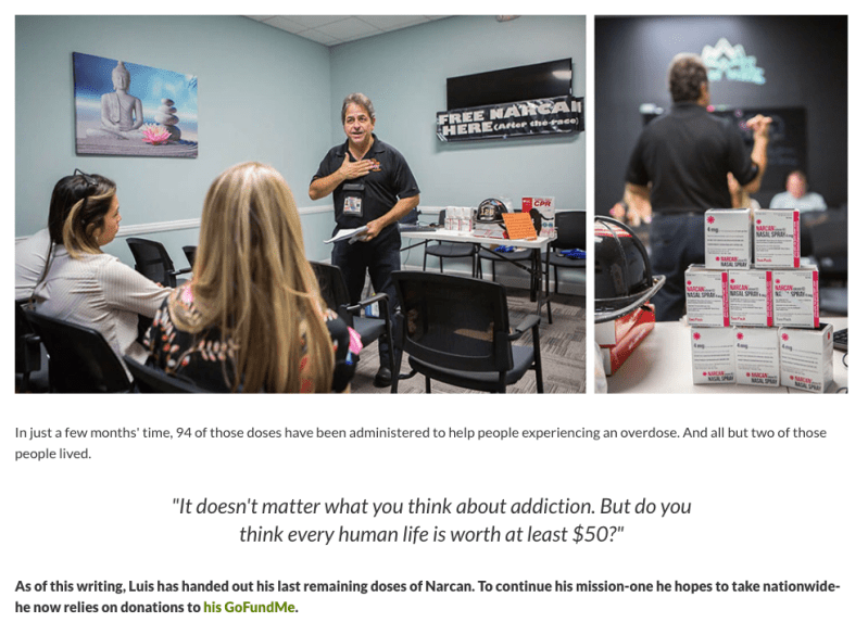 Photography of GoFundMe hero Luis Garcia teaching class about Narcan