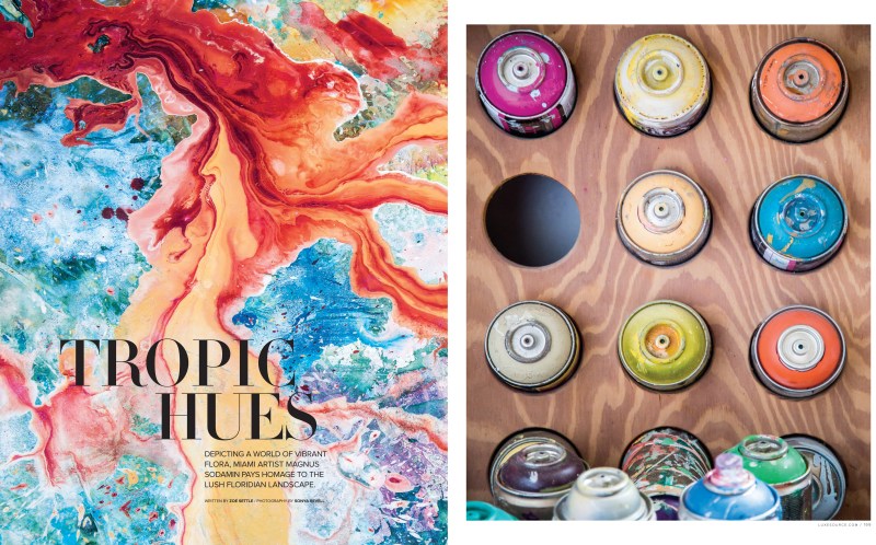 Luxe magazine spread featuring the work and materials of artist, Magnus Sodamin