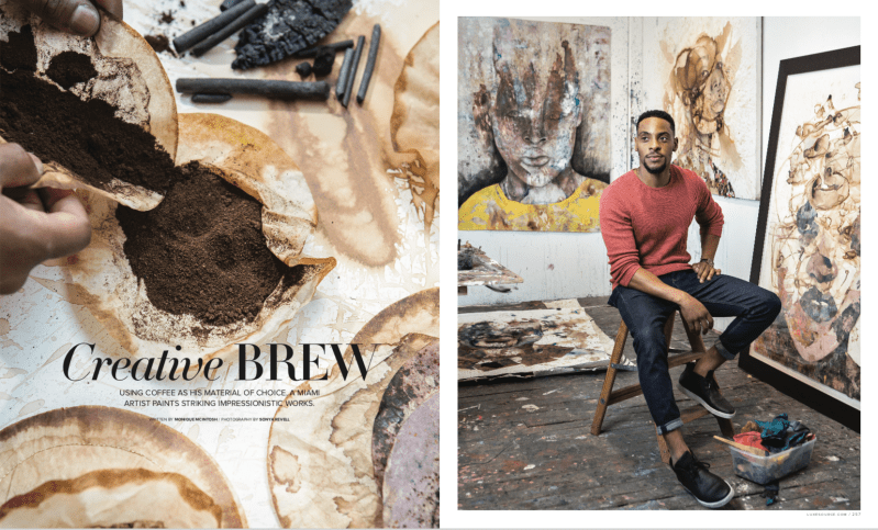 Luxe magazine spread featuring portrait of artist, Stephen Arboite, with closeup photo of coffee