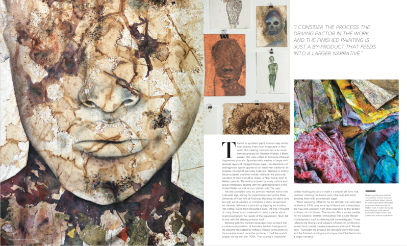 Luxe magazine spread featuring the work of artist, Stephen Arboite, with a closeup of his painting and materials